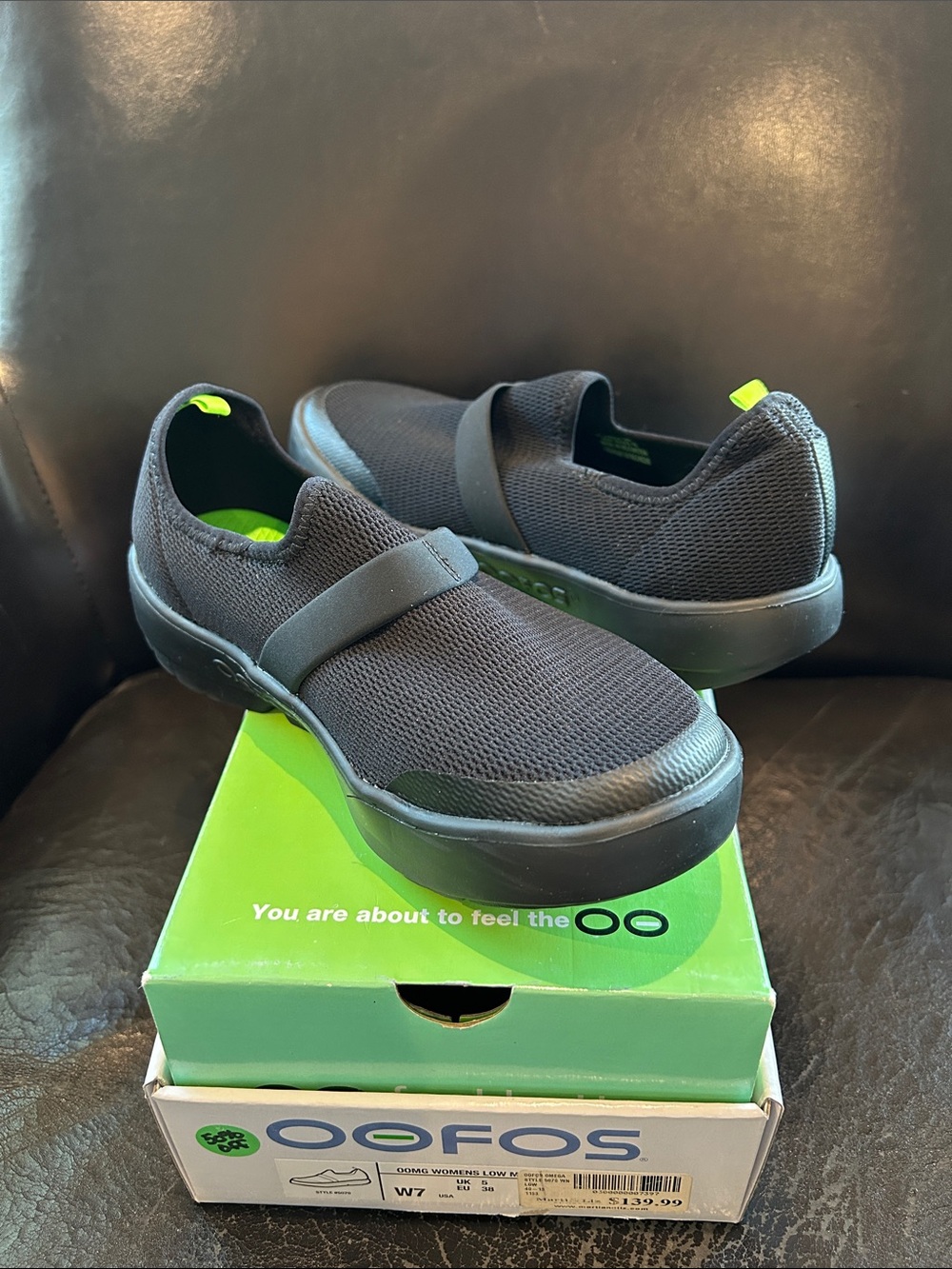 OOFOS women’s Black Slip-On Recovery Loafer with Lime Accents